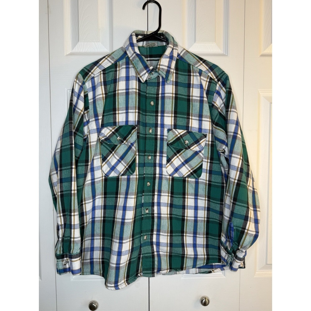 Vtg 90's Flannel Shirt Five Brothers Heavy Cotton Flap Chest Pockets Plaid Sz L